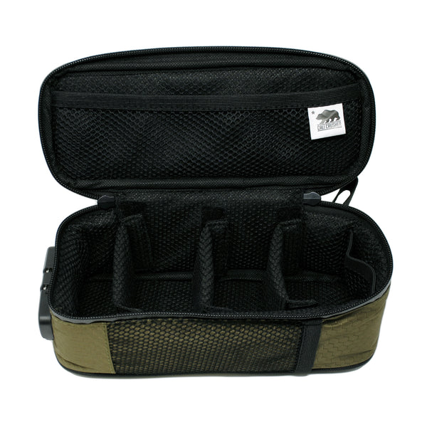 Small olive green case open