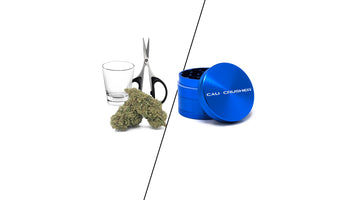 Cali Crusher Grinder vs Scissors and shot glass