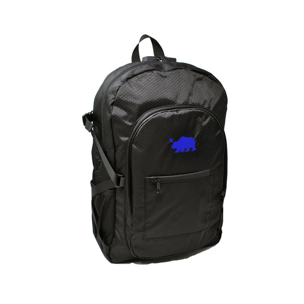 Black backpack blue logo